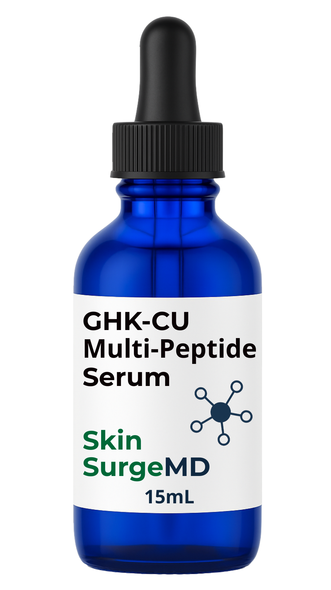 Blue serum bottle with black dropper labeled 'GHK-CU Multi-Peptide Serum' by 'Skin SurgeMD' on a white background.