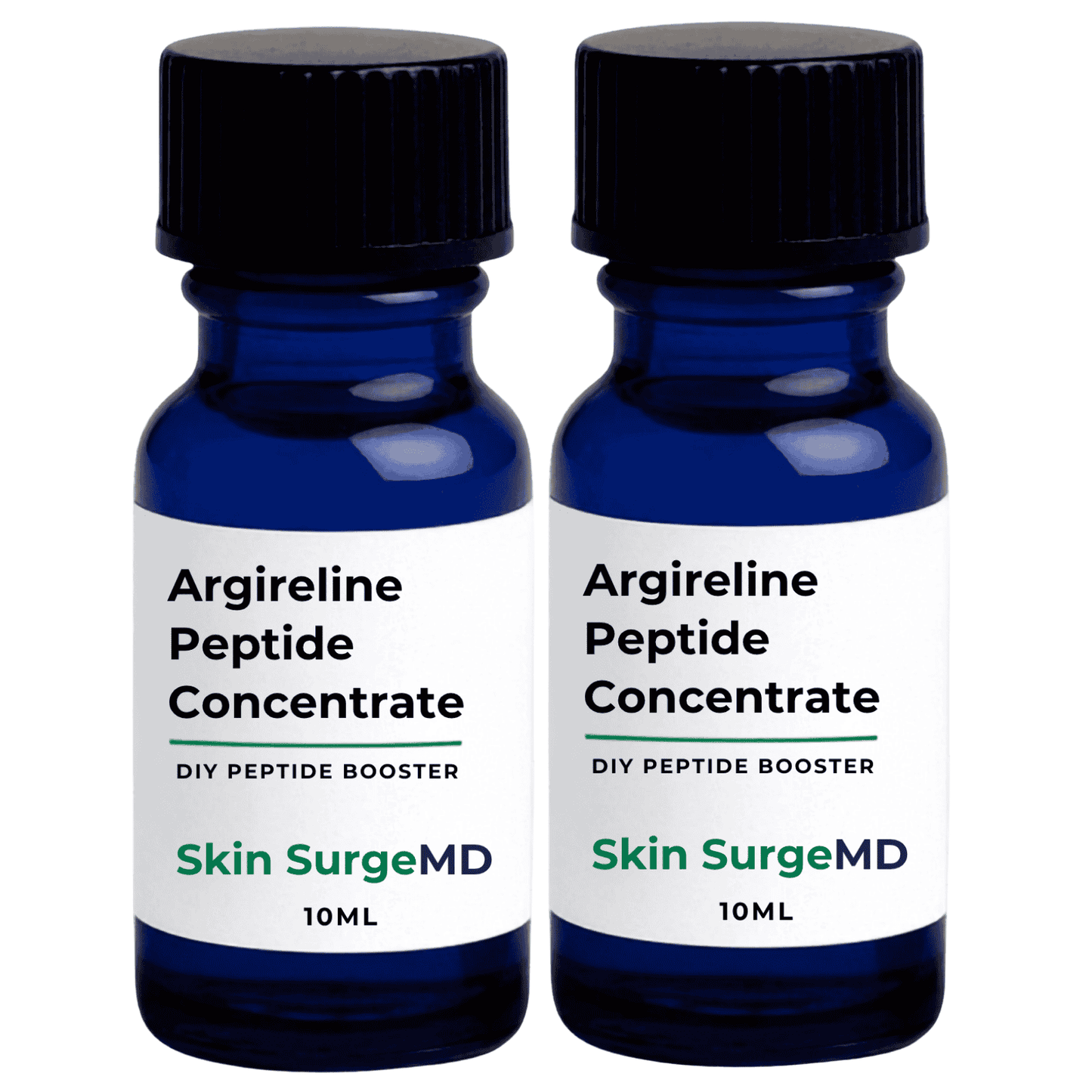 20ml cobalt blue glass bottles of Skin SurgeMD Argireline Peptide Booster liquid concentrate with black ribbed caps and white labels, shown side-by-side on a white background.