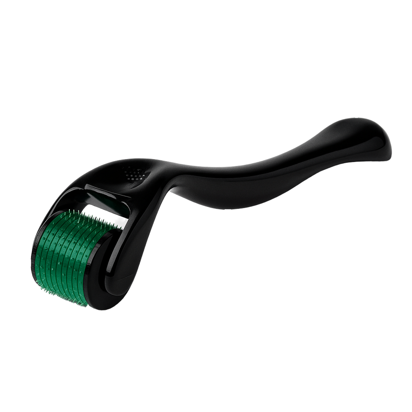 Black derma roller with green titanium microneedles – skincare tool for serum absorption and skin rejuvenation.