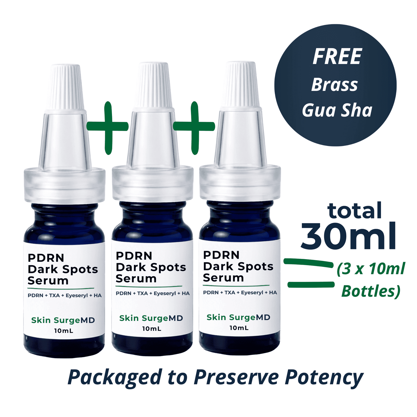 Three small 10ml serum bottles labeled PDRN Dark Spots Serum by Skin SurgeMD are shown on a white background with promotional text. A dark blue circle says FREE Brass Gua Sha, and text indicates total 30ml (3 x 10ml bottles).
