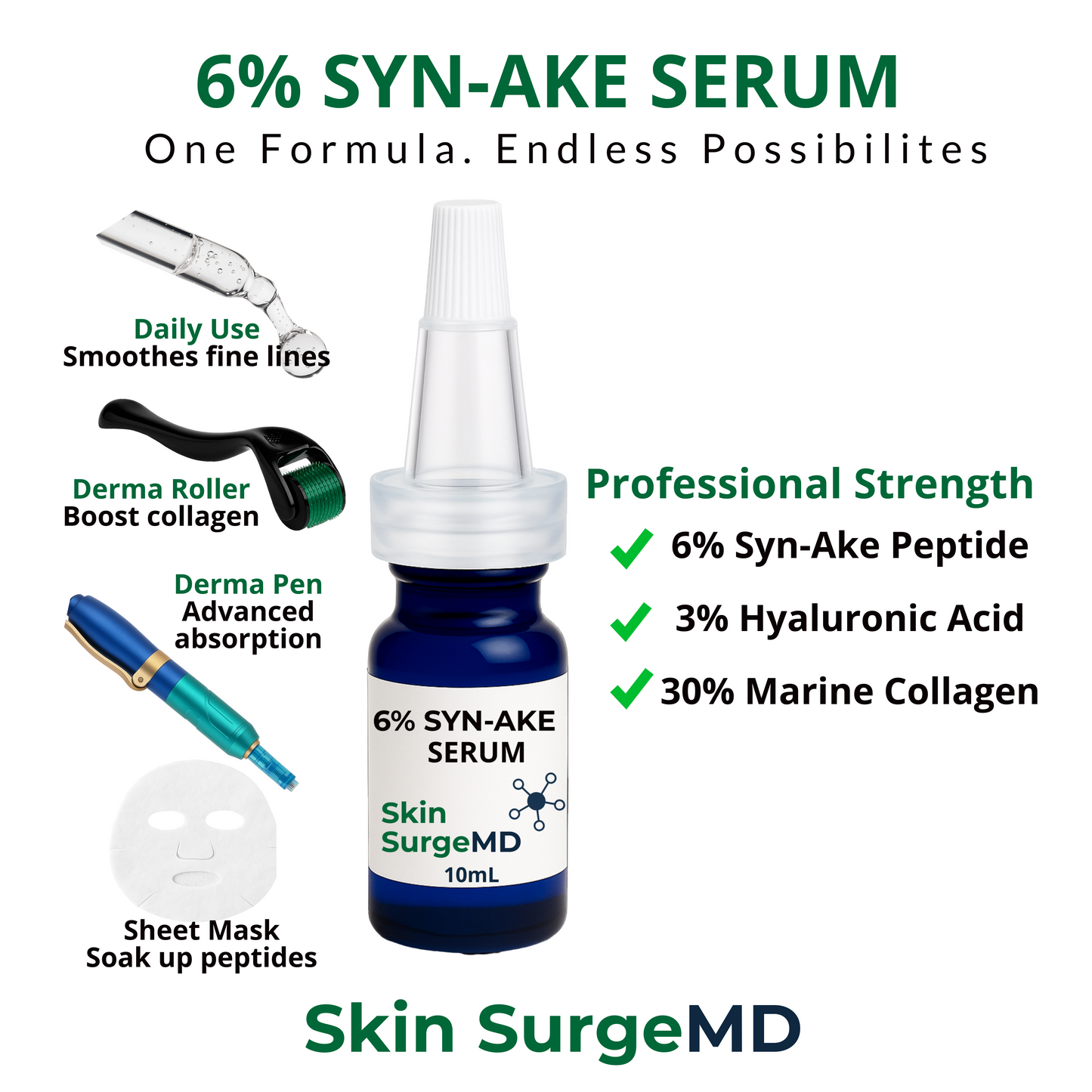 Syn-Ake Peptide Wrinkle Serum – 6% Syn-Ake, 3% HA, 30% Marine Collagen (10ml–30ml)