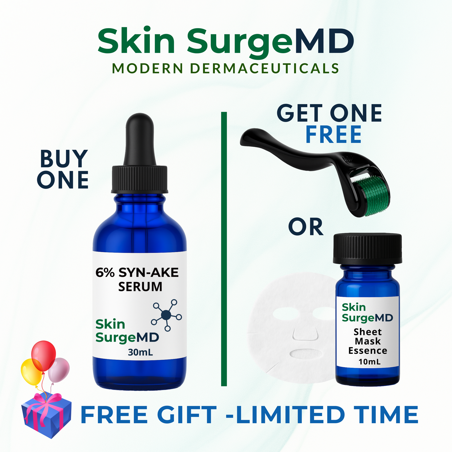 Promotional image for Skin SurgeMD Syn-Ake Serum: Buy 1 30ml bottle and get a free derma roller or sheet mask essence. Limited-time skincare offer.