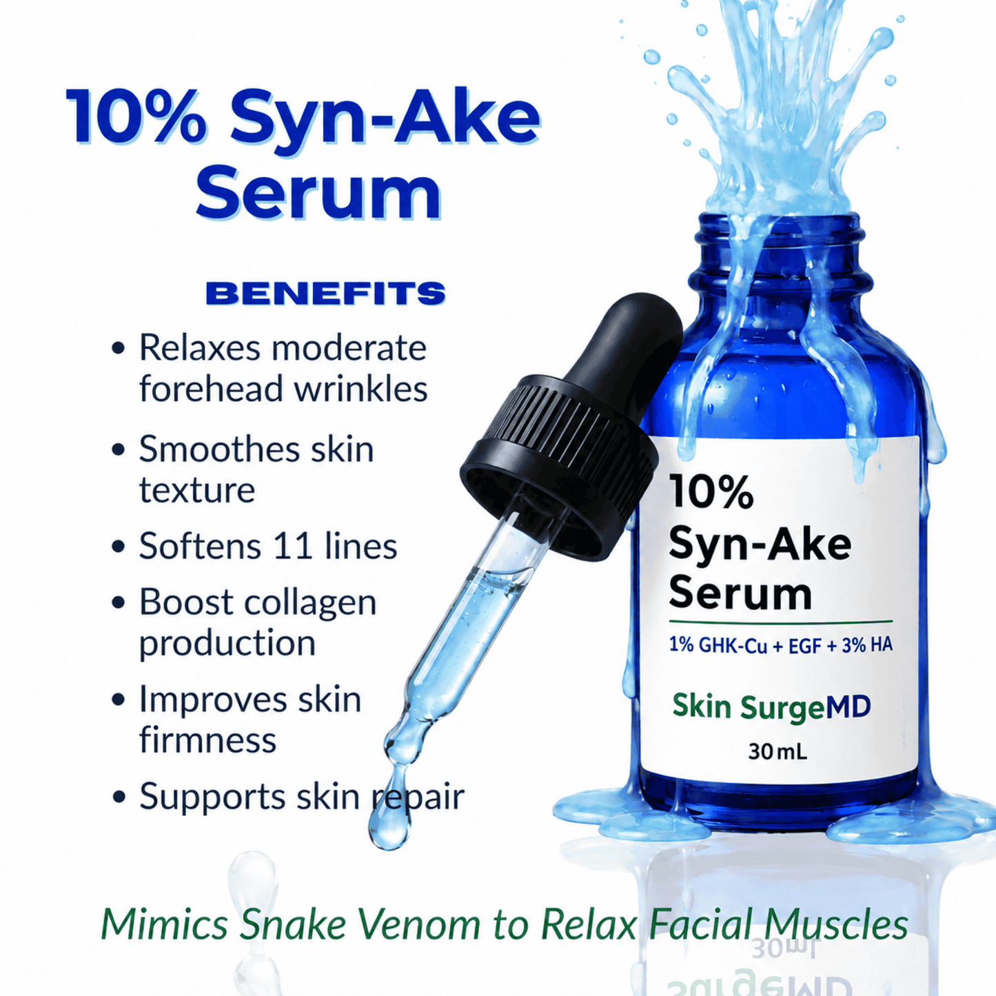 10% Syn-Ake Serum bottle with dropper and product benefits listed on a white background