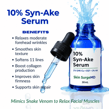10% Syn-Ake Serum bottle with dropper and product benefits listed on a white background