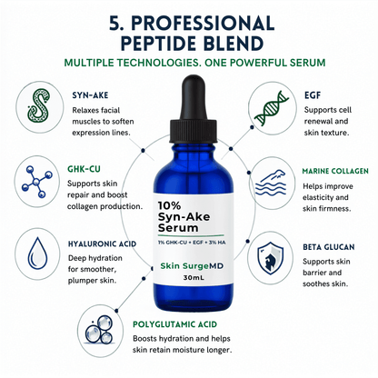 A blue glass dropper bottle labeled '10% Syn-Ake Snake Venom Peptide Serum is centered on a white infographic background with surrounding icons and text describing ingredients and benefits such as Syn-Ake, EGF, Marine Collagen, Hyaluronic Acid, Polyglutamic Acid, and Beta Glucan.