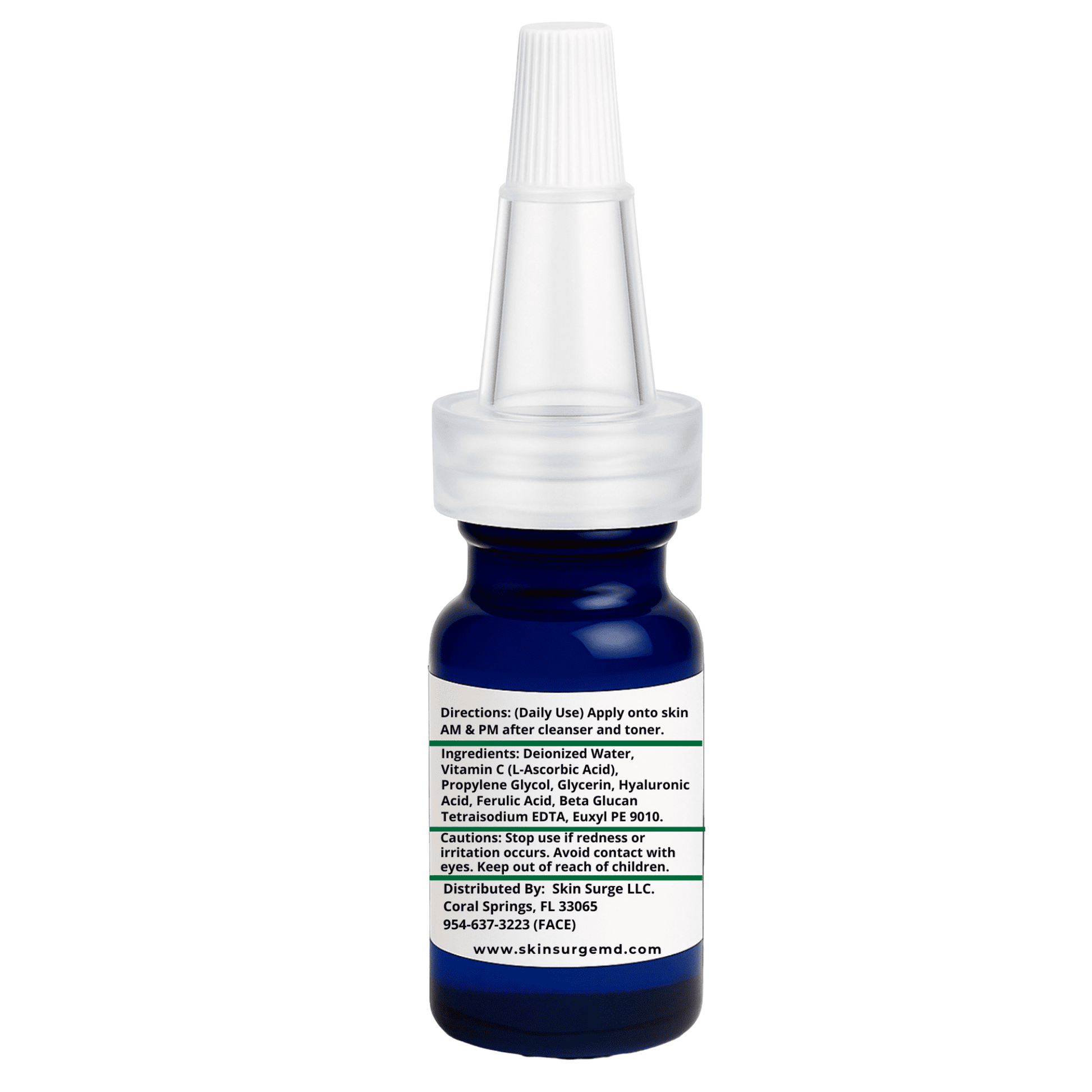 Skin SurgeMD 10ml Vitamin C Serum back label showing L-ascorbic acid ingredients and usage instructions 