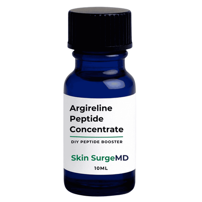 A 10ml bottle of Skin SurgeMD Argireline Peptide Booster, with 1% active solution, featuring a dark blue glass bottle, a black ribbed cap, and a white label with black and green text.