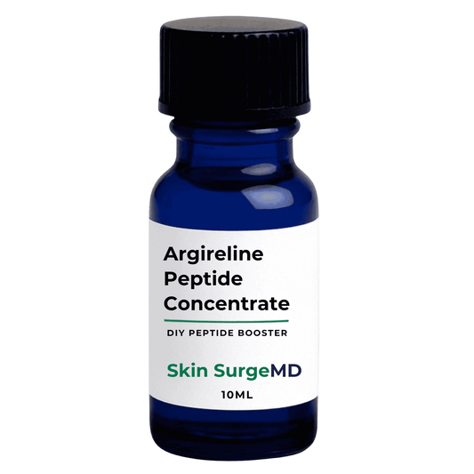 A 10ml bottle of Skin SurgeMD Argireline Peptide Booster, with 1% active solution, featuring a dark blue glass bottle, a black ribbed cap, and a white label with black and green text.