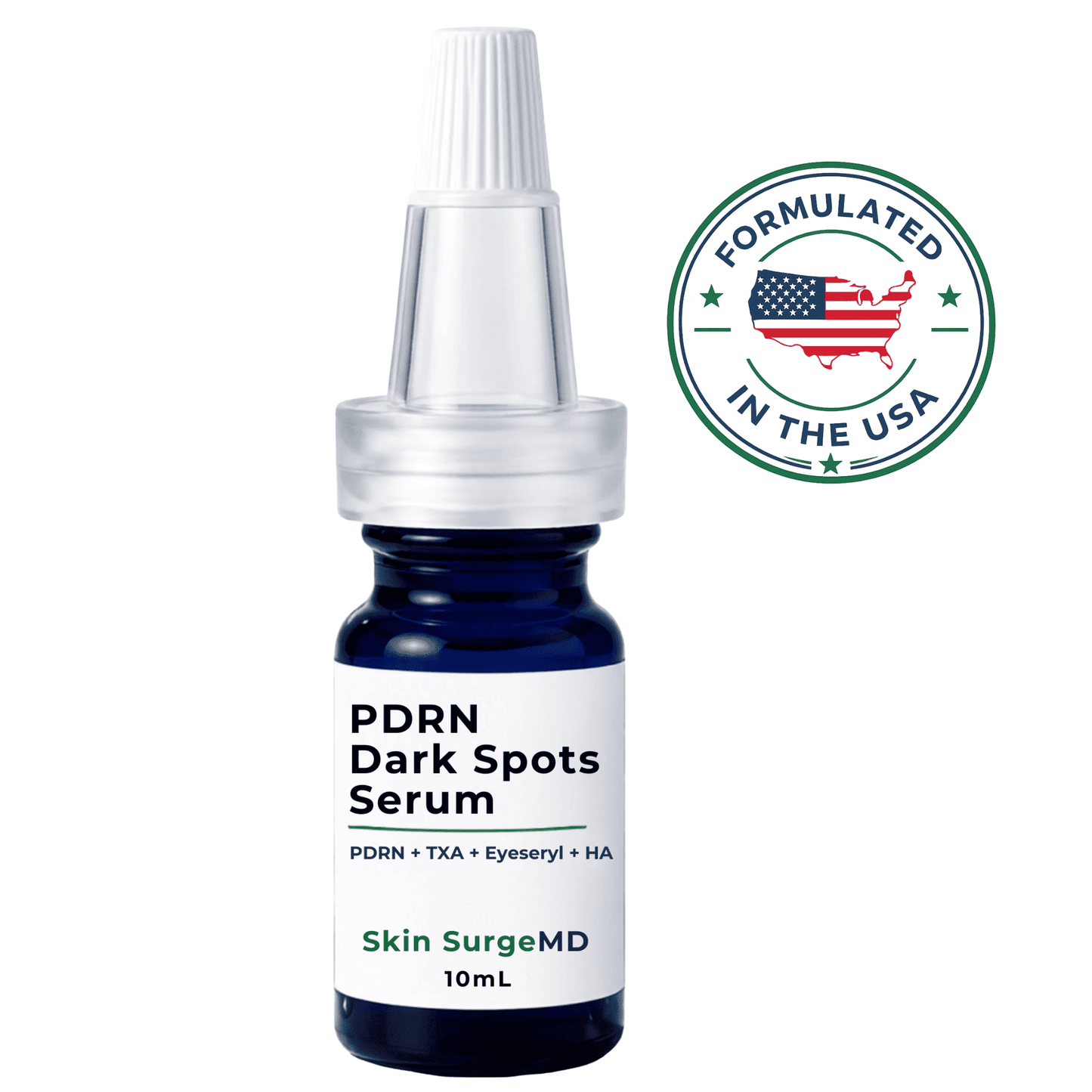 A 10mL bottle of Skin SurgeMD PDRN Dark Spots Serum with a white cap, shown on a white background with a green 'Formulated in the USA' badge.