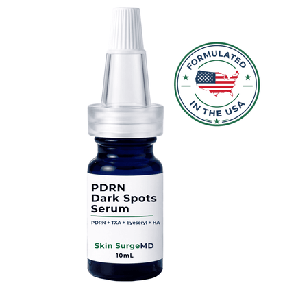 A 10mL bottle of Skin SurgeMD PDRN Dark Spots Serum with a white cap, shown on a white background with a green 'Formulated in the USA' badge.