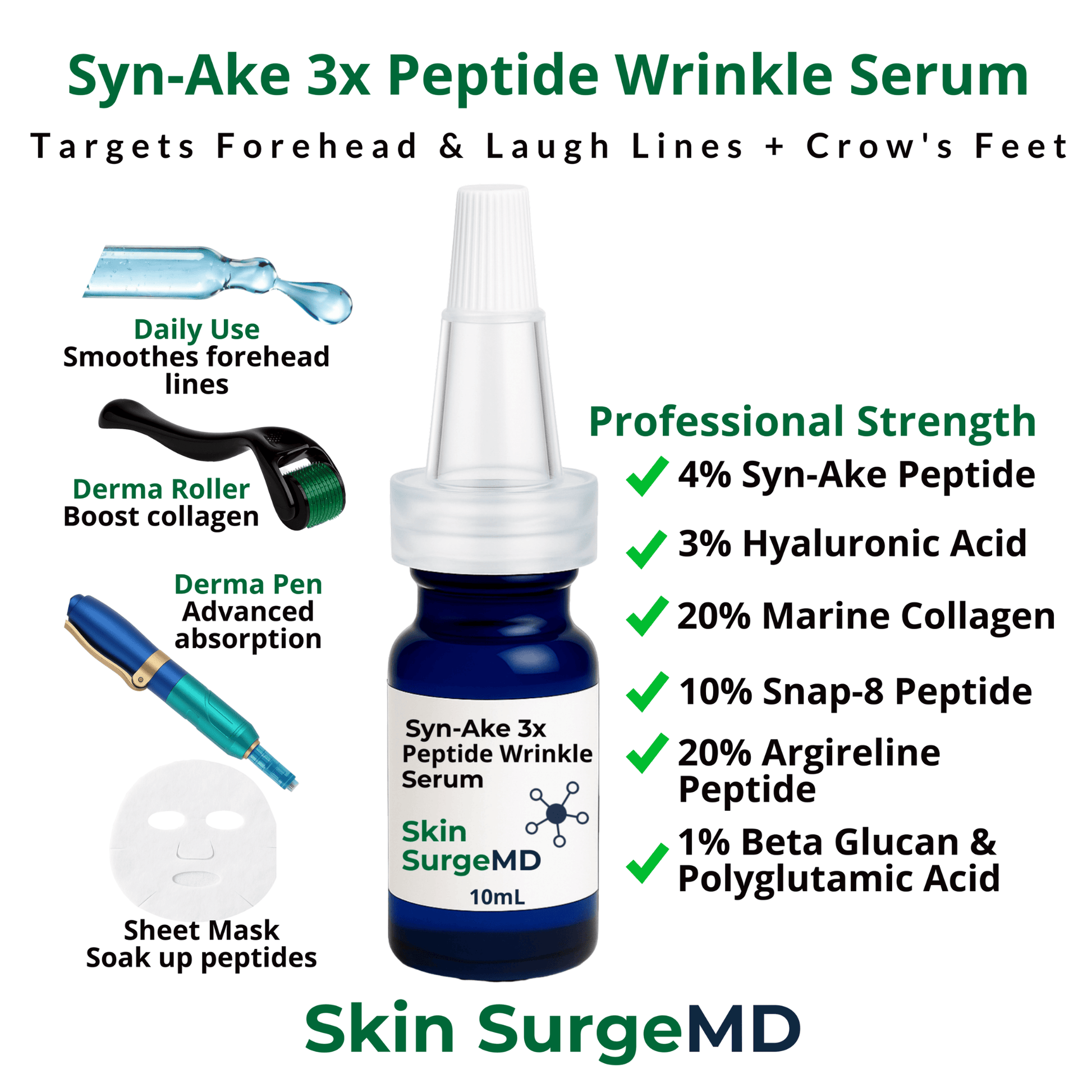 Syn-Ake 3x Peptide Wrinkle Serum bottle with application tools and product details on a white background.