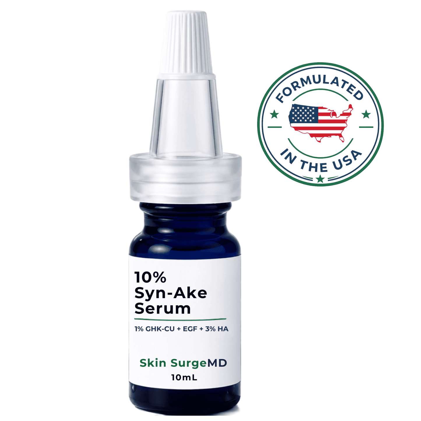 A 10mL bottle of Skin SurgeMD 10% Syn-Ake Serum with a white dropper cap and a white label, shown on a white background with a green circular 'Formulated in the USA' badge.
