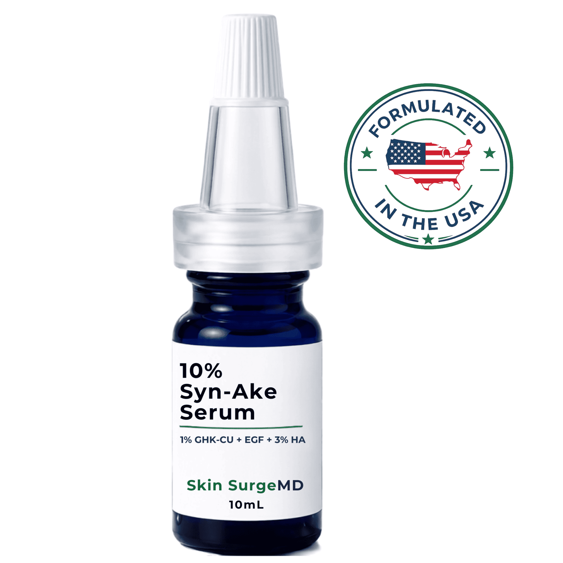 A 10mL bottle of Skin SurgeMD 10% Syn-Ake Serum with a white dropper cap and a white label, shown on a white background with a green circular 'Formulated in the USA' badge.