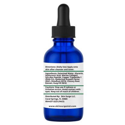 30ml Blue dropper bottle with a label ingredients for 6% syn-ake serum on a white background