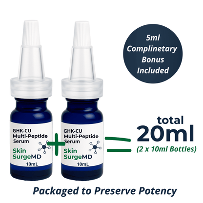 Two bottles of Skin SurgeMD GHK-CU Multi-Peptide Serum with a 5ml complimentary bonus, totaling 20ml.