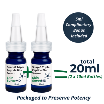 Two bottles of Skin SurgeMD Snap-8 Triple Peptide Blur Serum with a 5ml complimentary bonus, totaling 20ml.