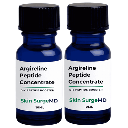 20ml cobalt blue glass bottles of Skin SurgeMD Argireline Peptide Booster liquid concentrate with black ribbed caps and white labels, shown side-by-side on a white background.
