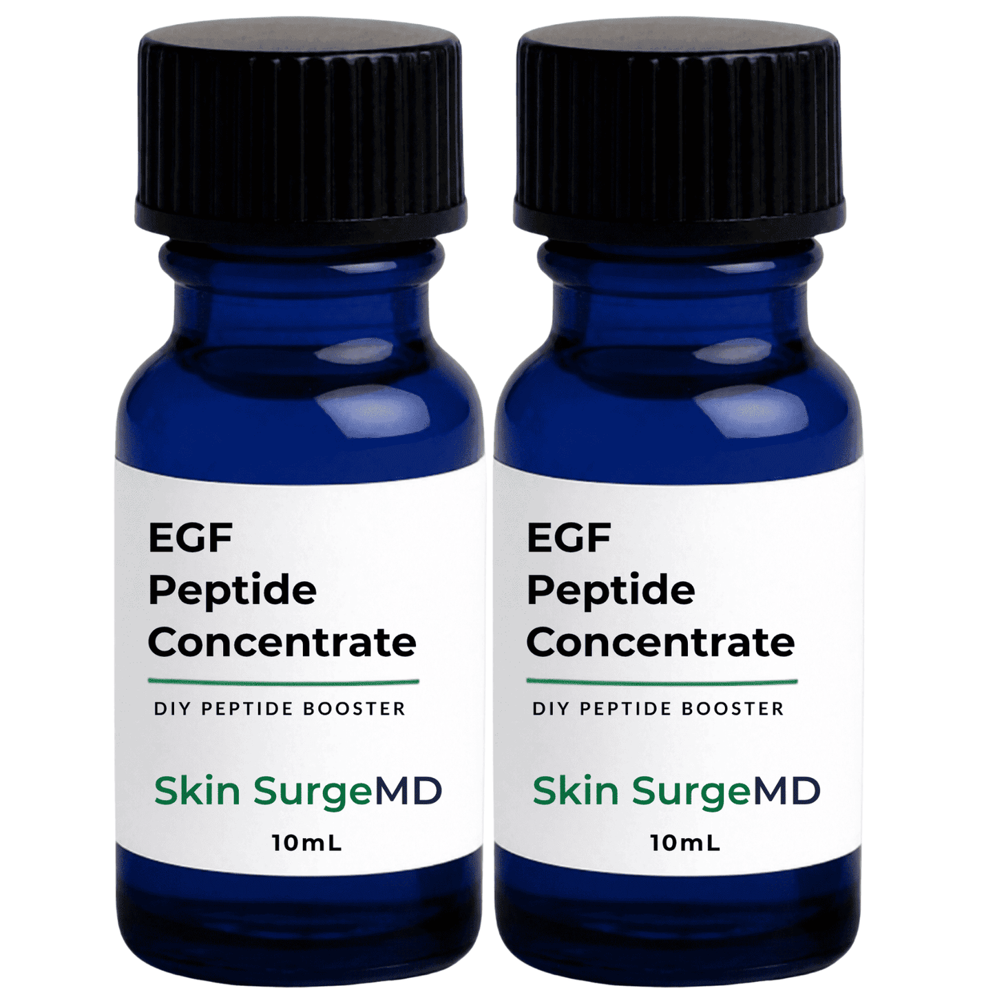 Two 10mL blue glass bottles of Skin SurgeMD EGF Peptide Concentrate with black ribbed caps and white labels, shown side by side on a white background.
