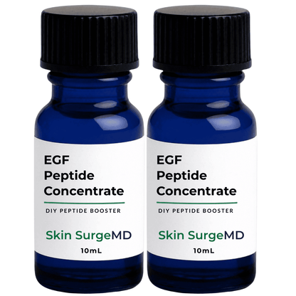 Two 10mL blue glass bottles of Skin SurgeMD EGF Peptide Concentrate with black ribbed caps and white labels, shown side by side on a white background.