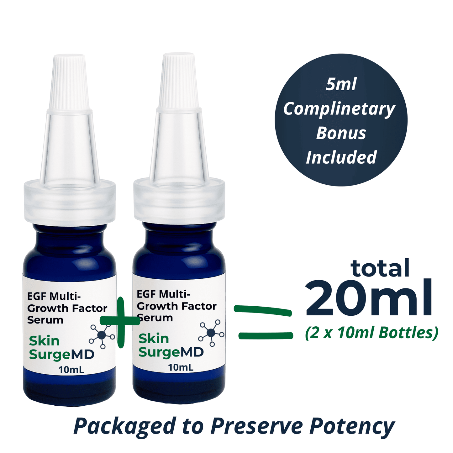 Two 10ml bottles of Skin SurgeMD EGF Multi-Growth Factor Serum with a 5ml complimentary bonus, totaling 20ml.