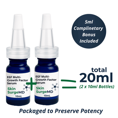 Two 10ml bottles of Skin SurgeMD EGF Multi-Growth Factor Serum with a 5ml complimentary bonus, totaling 20ml.