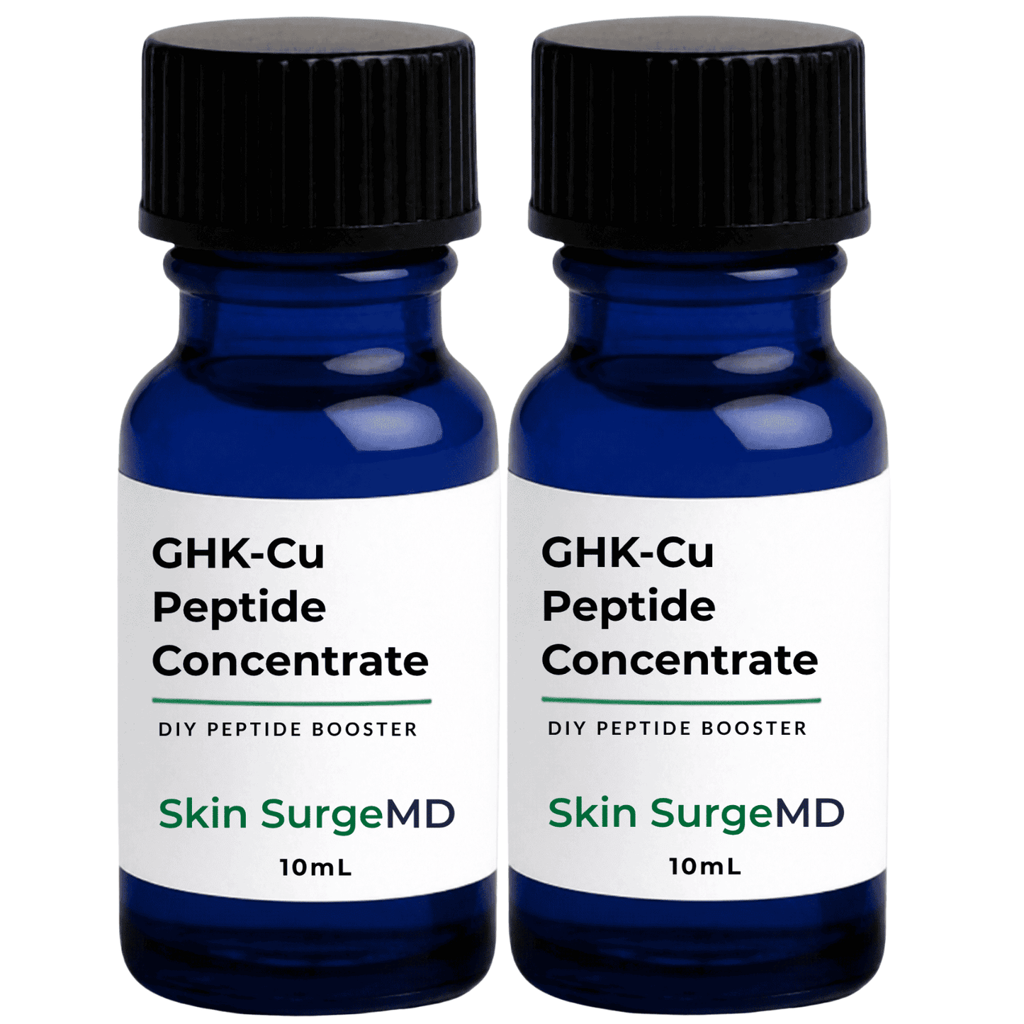 Two 10mL cobalt blue glass bottles of GHK-Cu Peptide Concentrate by Skin SurgeMD with black ribbed caps and white labels, shown side-by-side on a white background.