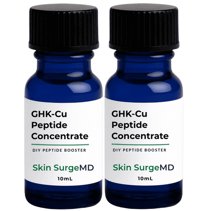 Two 10mL cobalt blue glass bottles of GHK-Cu Peptide Concentrate by Skin SurgeMD with black ribbed caps and white labels, shown side-by-side on a white background.