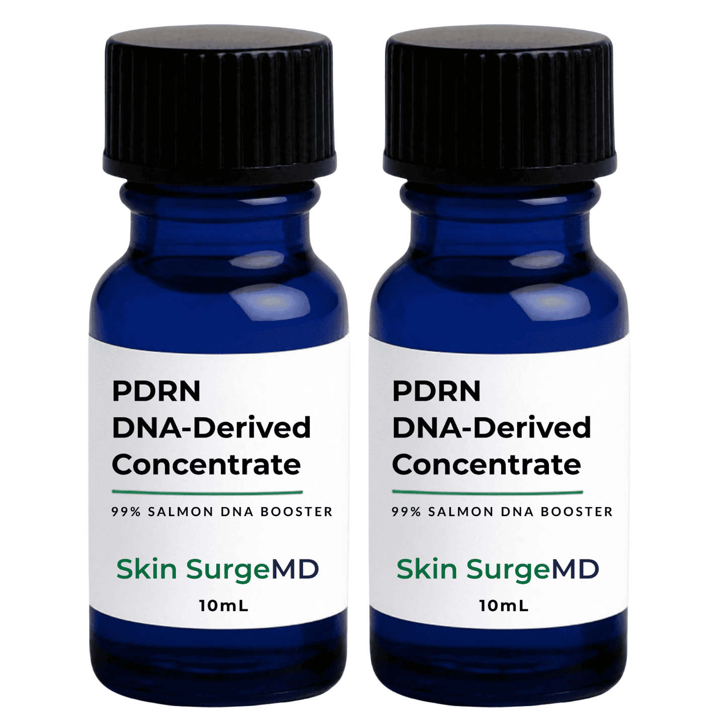 20mL Two identical small blue glass bottles with black ribbed caps and white labels reading 'PDRN DNA-Derived Concentrate', '99% Salmon DNA Booster', and 'Skin SurgeMD 10mL', shown on a plain white background.