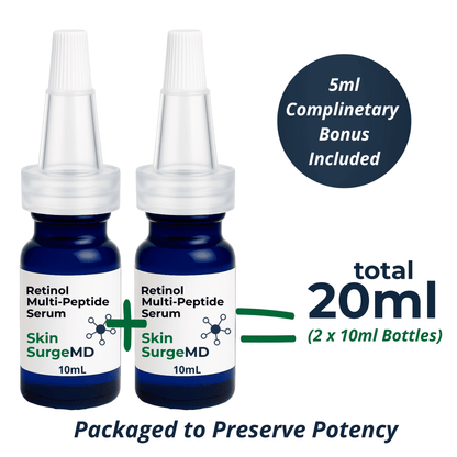 Two bottles of Skin SurgeMD Retinol Multi-Peptide Serum with a 5ml complimentary bonus, totaling 20ml.