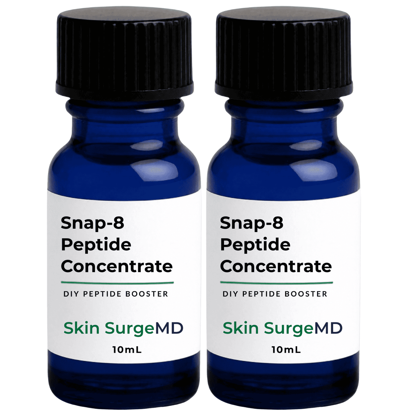 Two 10mL blue glass bottles of Skin SurgeMD Snap-8 Peptide Booster Concentrate with black caps and white labels, shown side by side on a white background.