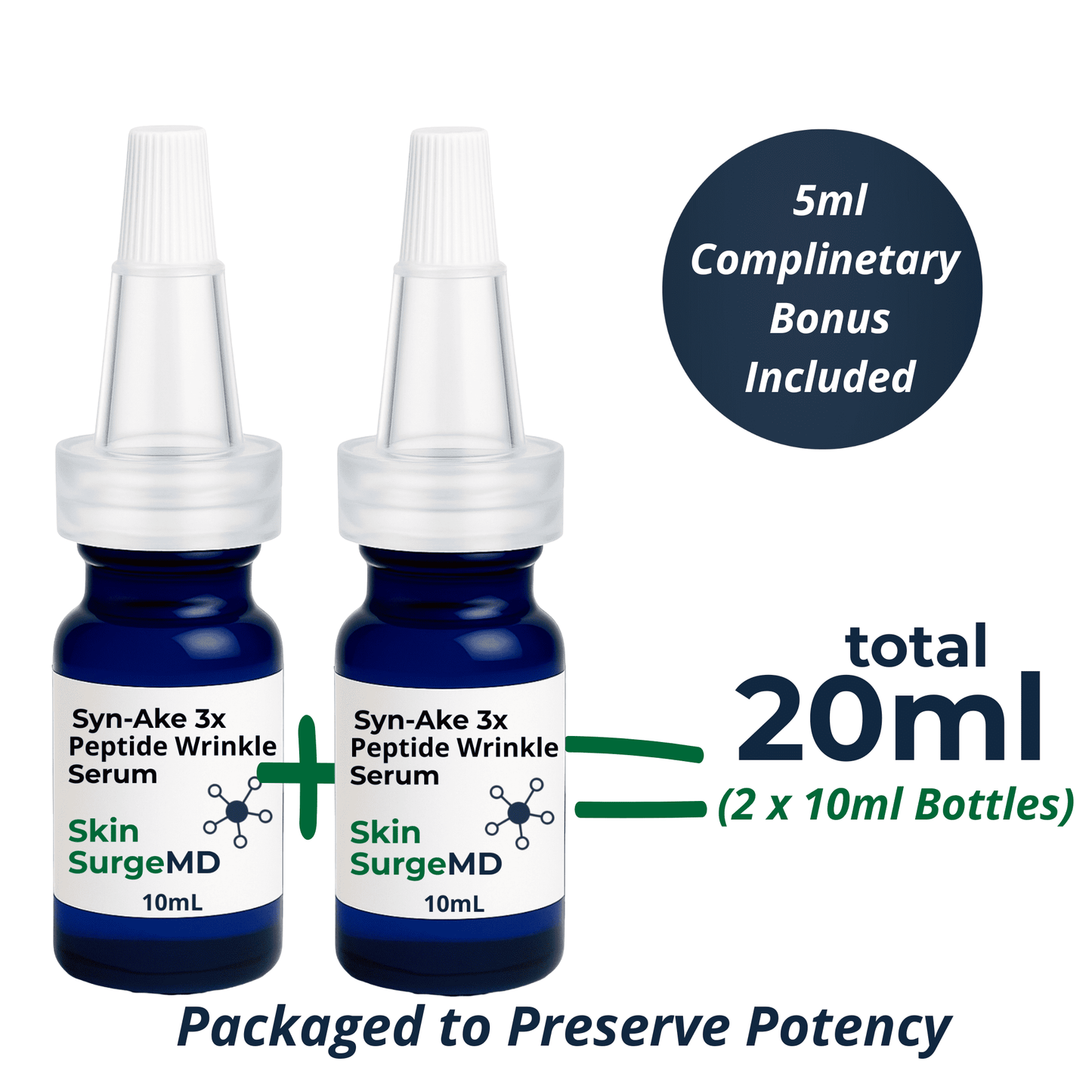 Two 10ml bottles of Syn-Ake 3x Peptide Wrinkle Serum with a 5ml complimentary bonus, total 20ml, from Skin Surge MD.