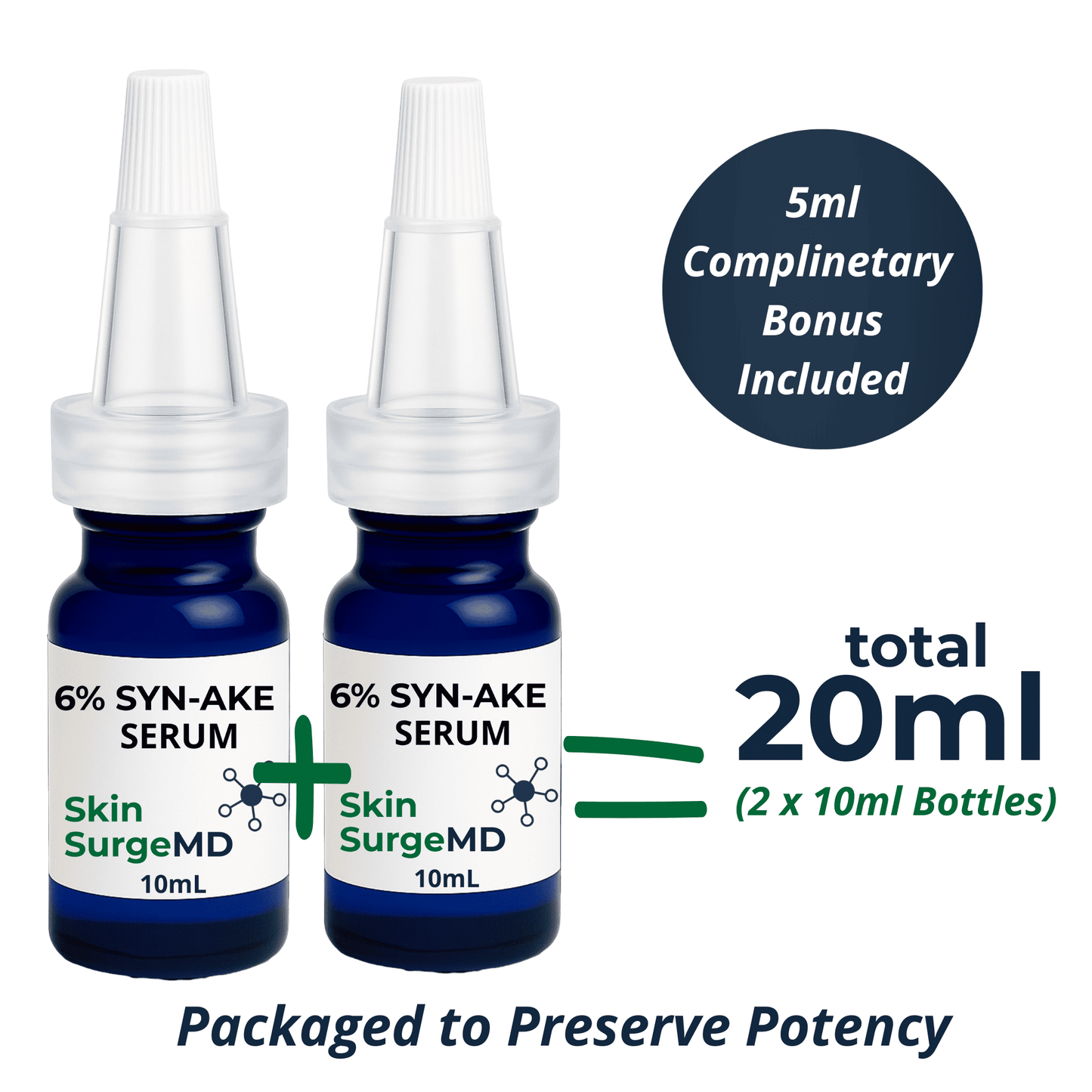 Two 10ml bottles of Skin SurgeMD 6% Syn-Ake Serum with a 5ml complimentary bonus on a white background.