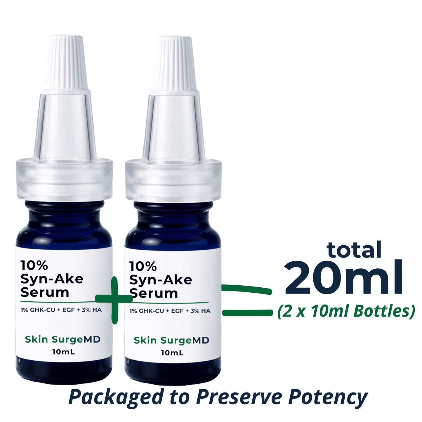 Skin SurgeMD 10ml bottles of 10% Syn-Ake Serum with dropper caps, shown on a white background with text indicating a total of 20ml and packaged to preserve potency.
