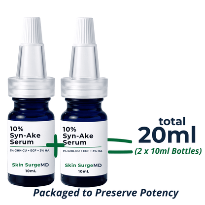 Skin SurgeMD 10ml bottles of 10% Syn-Ake Serum with dropper caps, shown on a white background with text indicating a total of 20ml and packaged to preserve potency.