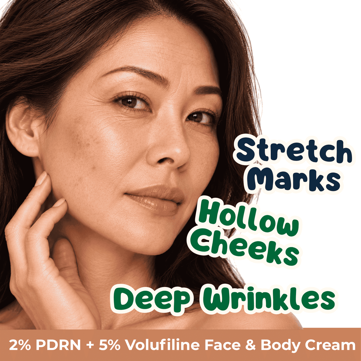 Close-up of a woman touching her cheek with text overlays reading 'Stretch Marks,' 'Hollw Cheeks,' 'Broken Skin Barrier,' and 'Deep Wrinkles.'