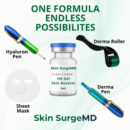 Collection of skincare application tools hyaluron pen and with Skin SurgeMD 2ml crosslinked hyaluronic acid gel  branding on a light green background.