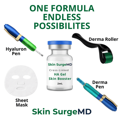 Collection of skincare application tools hyaluron pen and with Skin SurgeMD 2ml crosslinked hyaluronic acid skin booster branding on a light green background.