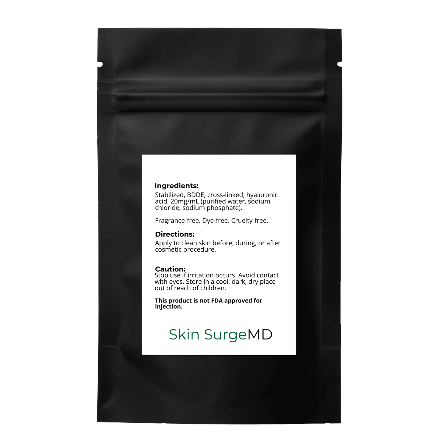 Black package with a white label displaying 'Skin SurgeMD' ingredients, directons, and caution a white background.