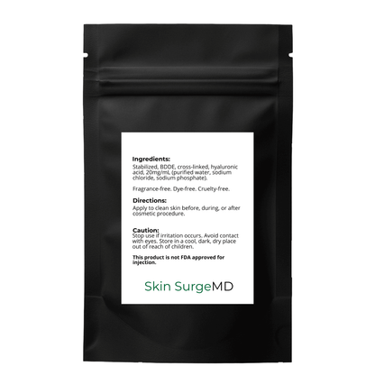 Black package with a white label displaying 'Skin SurgeMD' ingredients, directons, and caution a white background.