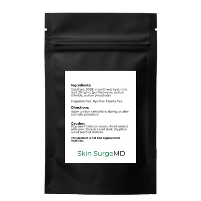 Black package with a white label displaying 'Skin SurgeMD' ingredients, directons, and caution a white background.