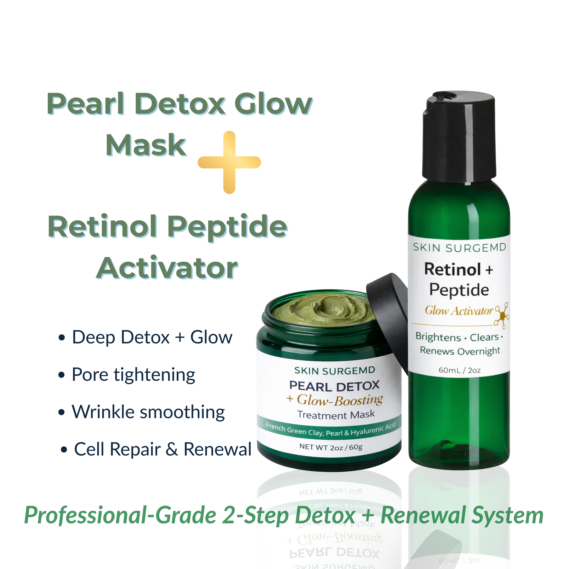 Two skincare products, a mask and an activator, with text describing their benefits on a white background.