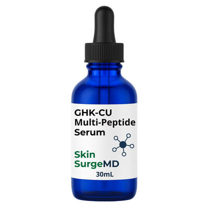 Blue serum bottle with a dropper labeled 'GHK-CU Multi-Peptide Serum' by 'Skin SurgeMD' on a white background.