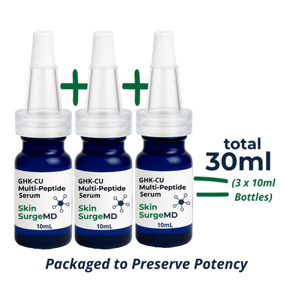 Three 10mL bottles of Skin SurgeMD GHK-CU Multi-Peptide Serum with a total volume of 30ml on a white background.