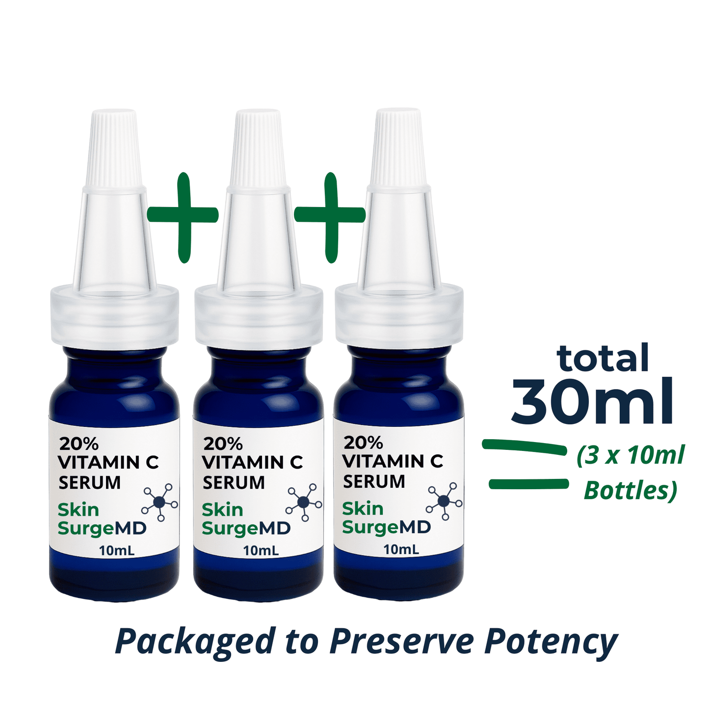 Three 10ml bottles of Skin SurgeMD 20% Vitamin C Serum with L-ascorbic acid, ferulic acid, and hyaluronic acid 30ml total