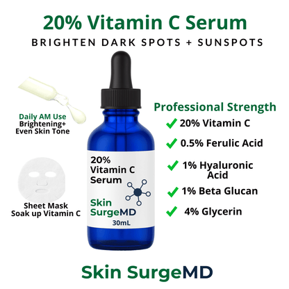 Skin SurgeMD 30ml Vitamin C Serum with L-ascorbic acid, hyaluronic acid, and ferulic acid displayed with sheet mask