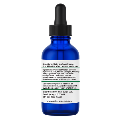 30ml Blue dropper bottle with label ingredients on a white background