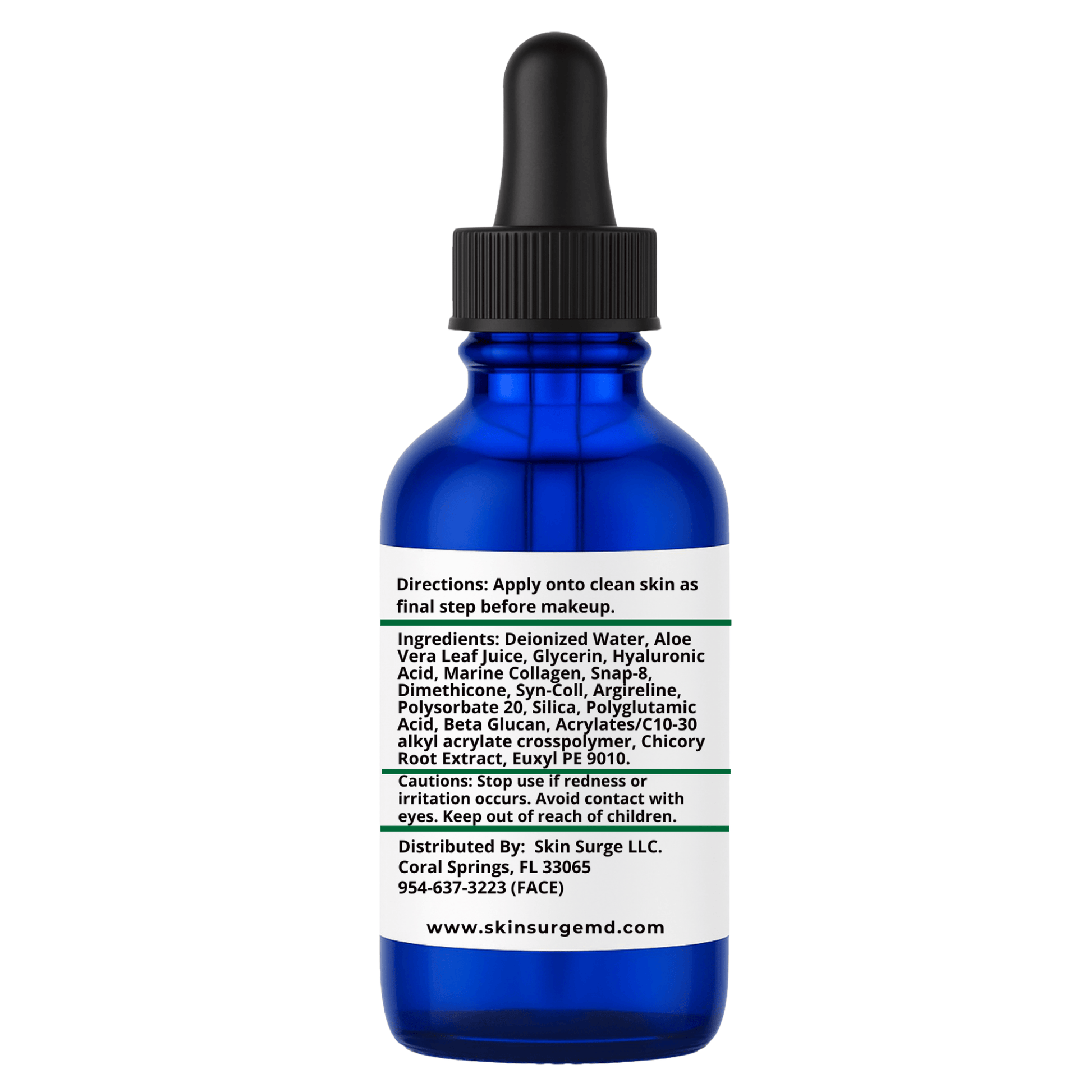 Blue dropper bottle with a label on a white background