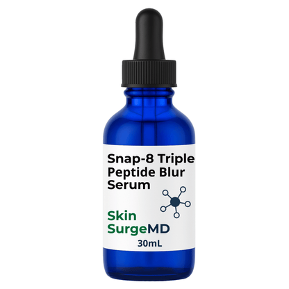 Blue serum bottle with a dropper labeled 'Snap-8 Triple Peptide Blur Serum' by Skin SurgeMD on a white background.