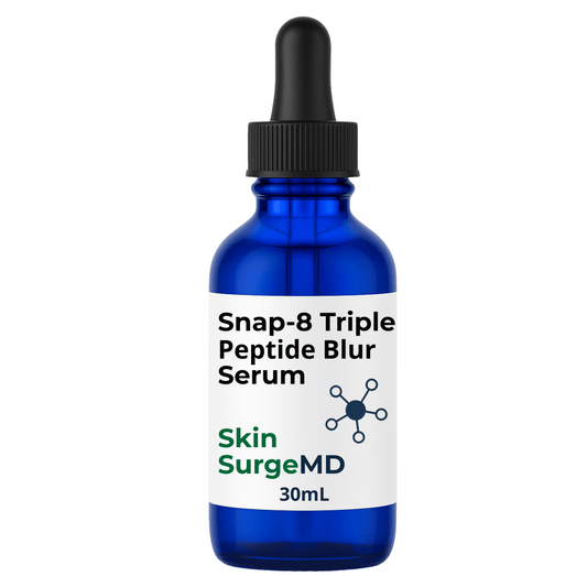 Blue serum bottle with a dropper labeled 'Snap-8 Triple Peptide Blur Serum' by Skin SurgeMD on a white background.