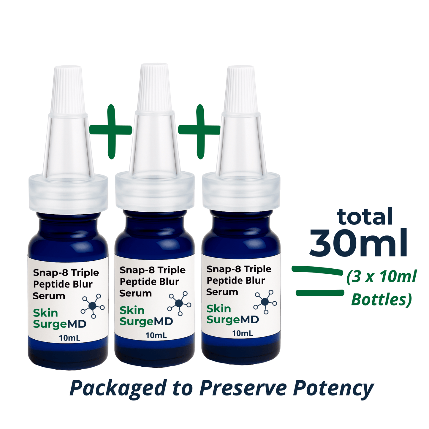 Three bottles of Skin SurgeMD Snap-8 Triple Peptide Blur Serum with text indicating total volume and packaging details.